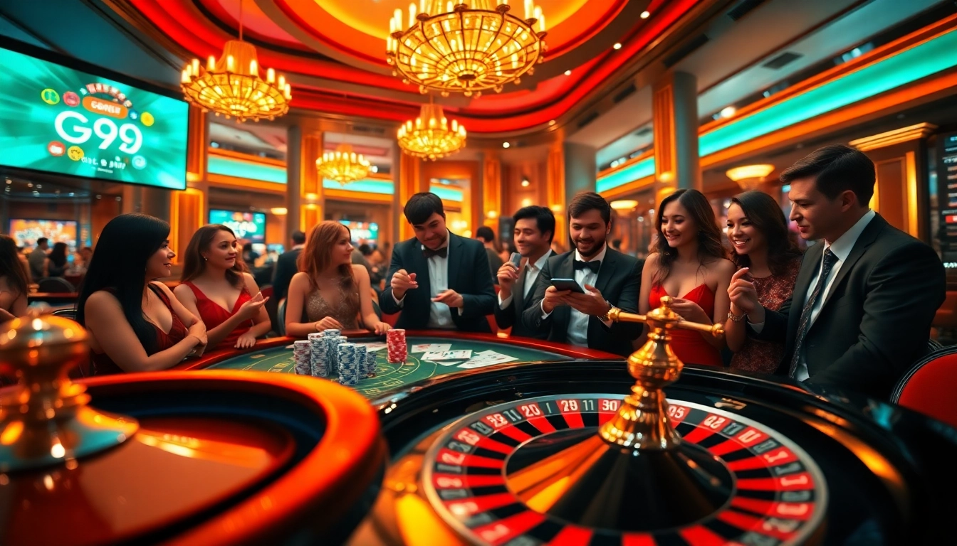 Go99 online gambling vibrant casino scene with players at a roulette table, celebrating thrilling wins.